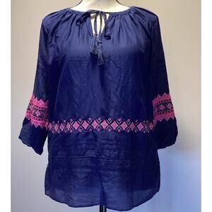 Vineyard Vines Women’s Embroidered 100% Cotton Peasant Blouse Navy Size XXS